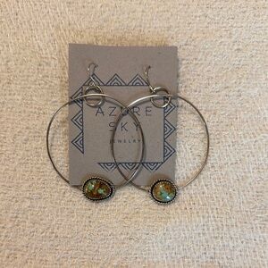 Handmade from Azure Sky Silver, Turquoise Hoop Earrings. Large Hoops: 2in